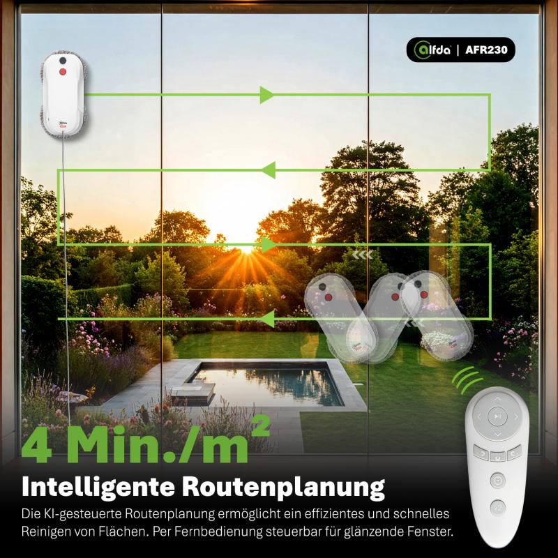 Der Fensterputzroboter alfda AFR230 bei der intelligenten Routenplanung auf einer Fensterfläche.