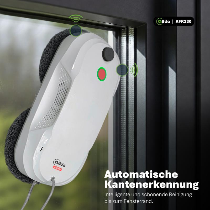 Der alfda AFR230 Fensterputzroboter erkennt die Kanten einer Fensterfläche zur sicheren Navigation.