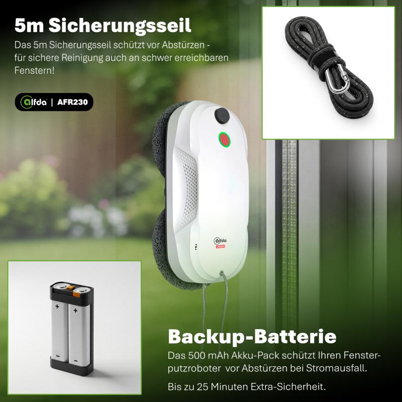 Der alfda AFR230 Fensterputzroboter mit 5 m langem Sicherungsseil und integrierter Backup-Batterie.