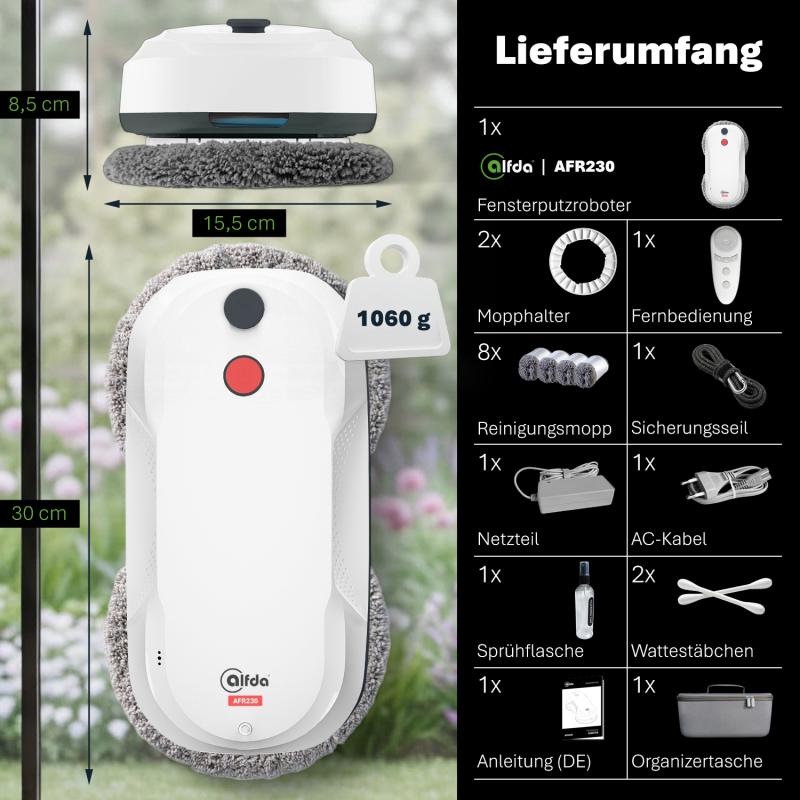 Lieferumfang des alfda AFR230 Fensterputzroboters mit sämtlichem Zubehör.