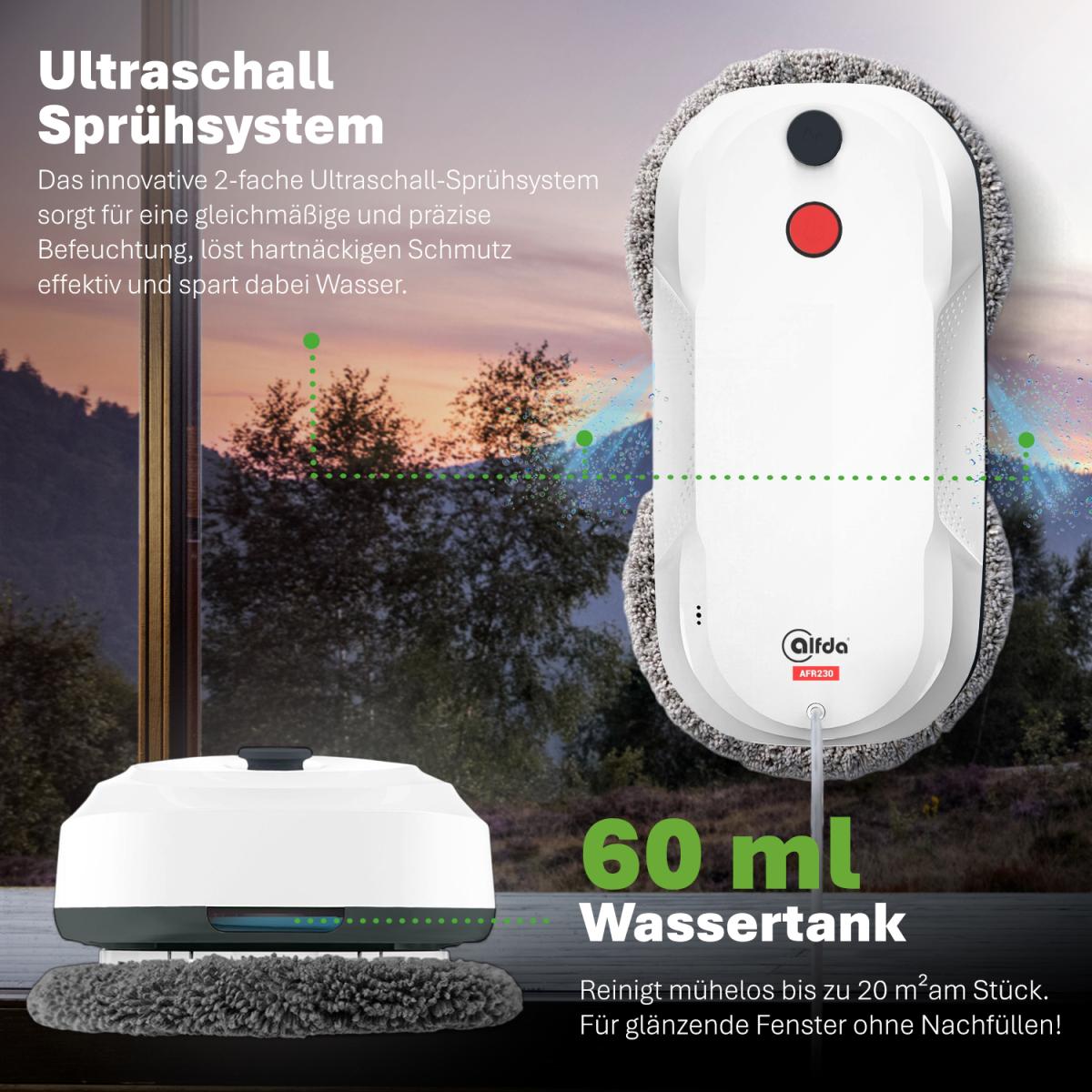 Der alfda AFR230 Fensterputzroboter mit integriertem Ultraschall-Sprühsystem und einem 60ml Wassertank.