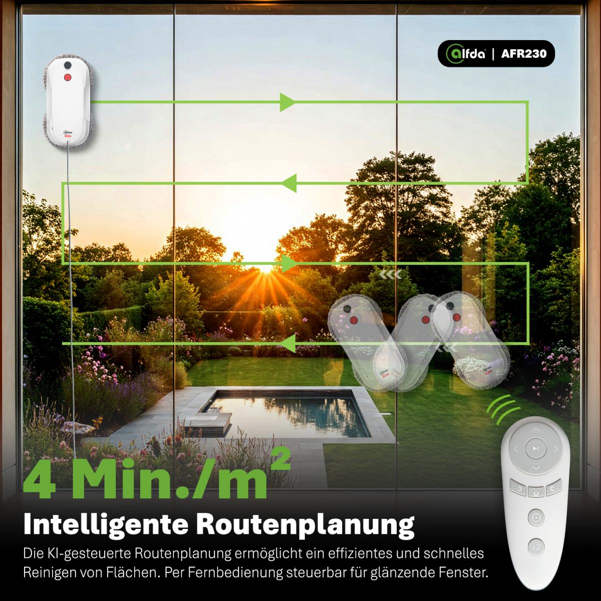 Der Fensterputzroboter alfda AFR230 bei der intelligenten Routenplanung auf einer Fensterfläche.