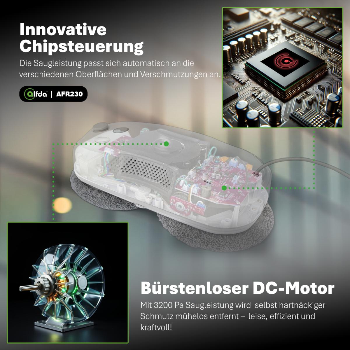 Der alfda AFR230 Fensterputzroboter mit innovativer Chipsteuerung und bürstenlosem DC-Motor.