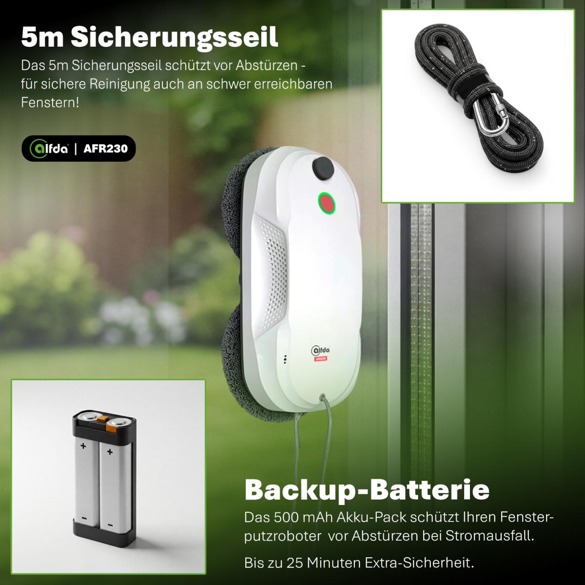 Der alfda AFR230 Fensterputzroboter mit 5 m langem Sicherungsseil und integrierter Backup-Batterie.