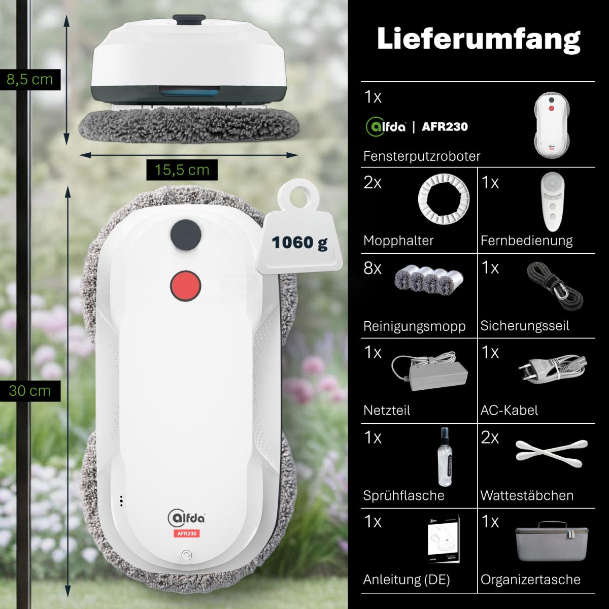 Lieferumfang des alfda AFR230 Fensterputzroboters mit sämtlichem Zubehör.